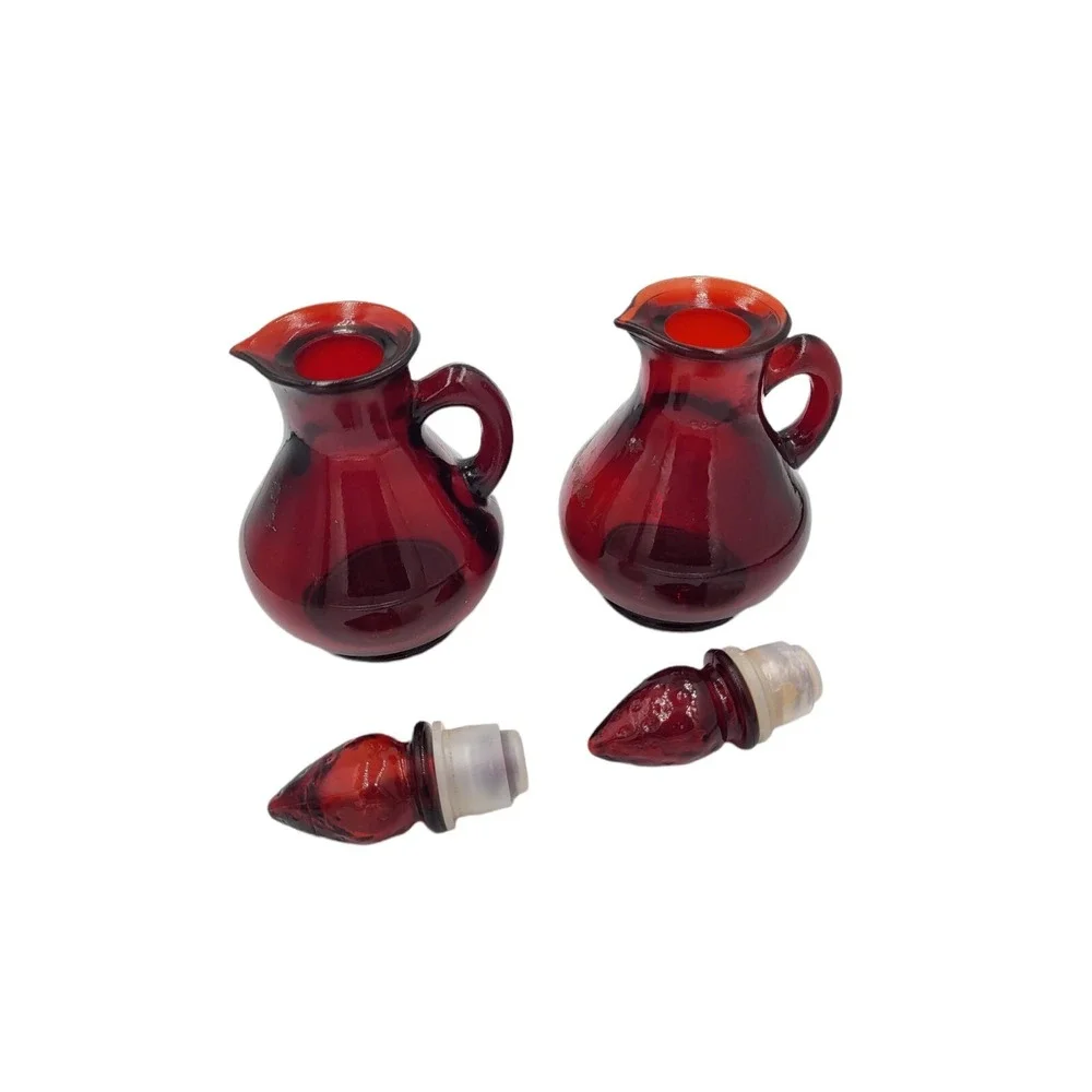 Vintage Pair Avon Cruet Cape Cod Ruby Red Glass Strawberry Top Numbers‎ 5 & 26